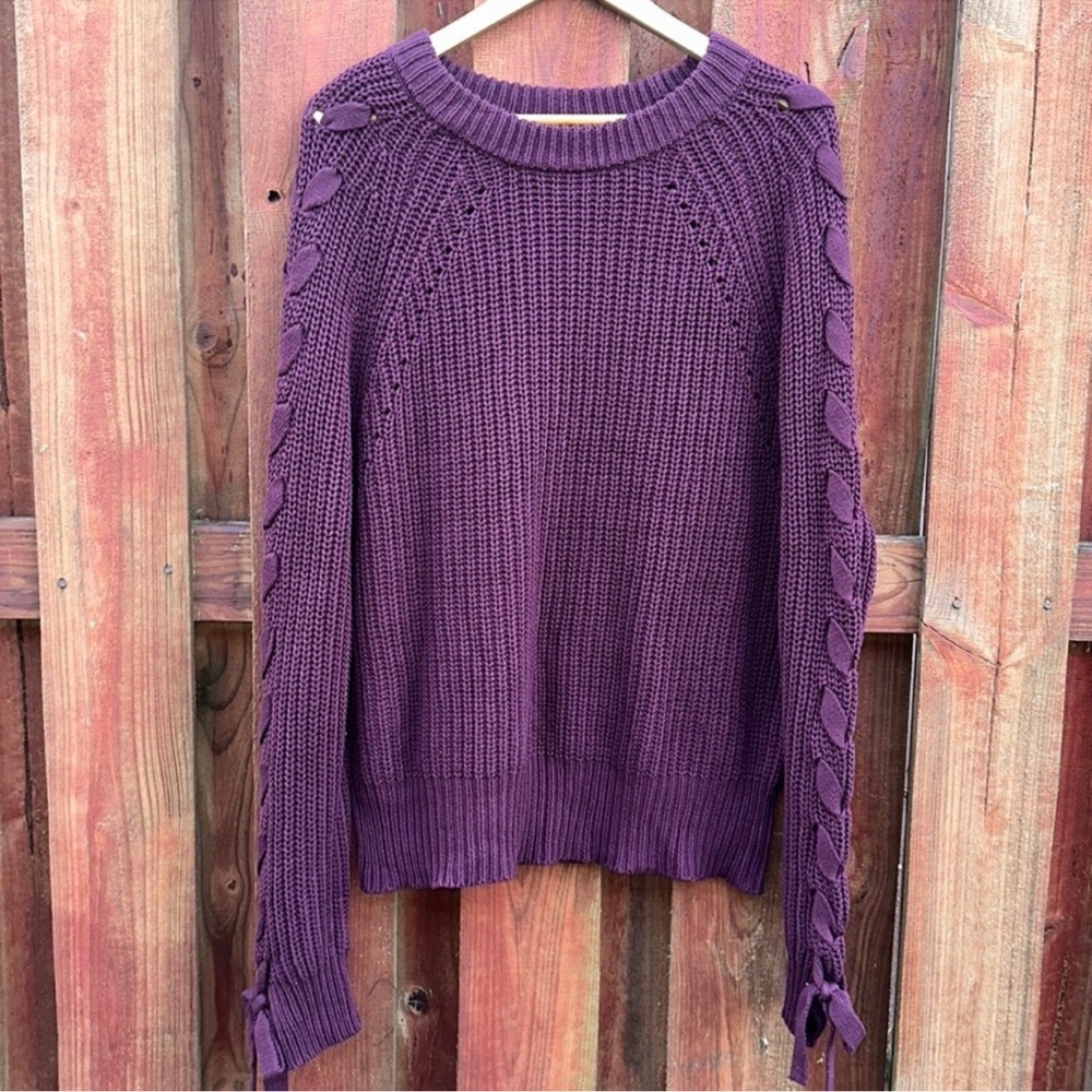Time and Tru Burgundy Leaf Cable Knit Sleeve Bow Tie Crewneck Sweater XXXL 22